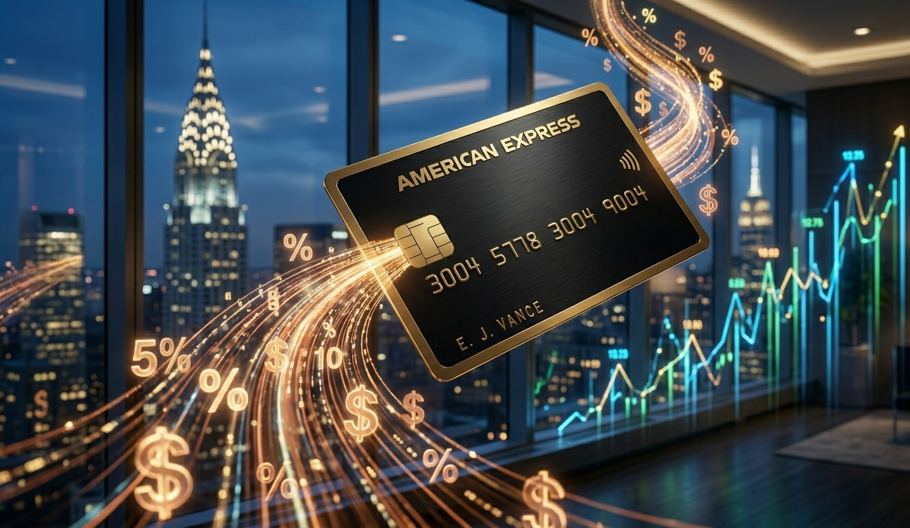 Professional image of a luxury credit card with cashback rewards and financial growth symbols in a modern USA banking theme
