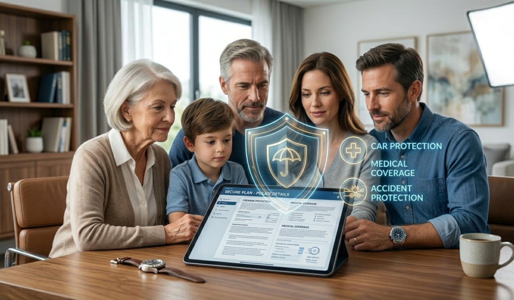 Family reviewing auto insurance policy with digital protection shield concept representing car insurance coverage in USA 2026