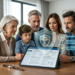 Family reviewing auto insurance policy with digital protection shield concept representing car insurance coverage in USA 2026