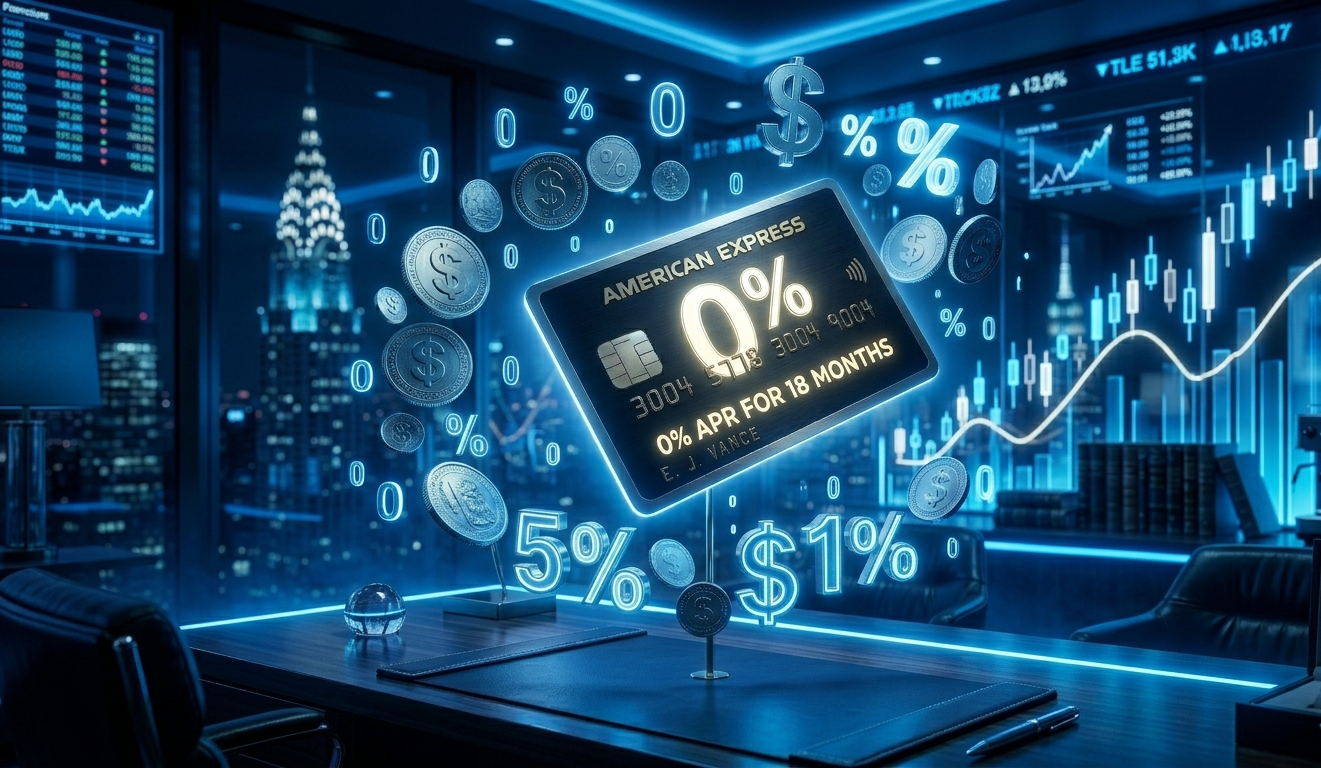 0 percent APR credit card concept with glowing zero interest symbol and financial graphics backgroun